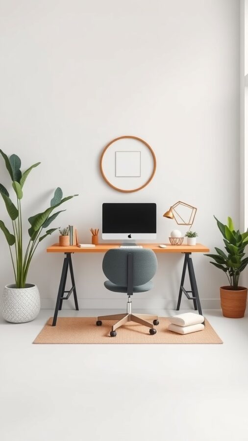 25 Stylish Home Office Ideas to Reflect Your Personality 19 A minimalistic Zen meditation office with a wooden desk, ergonomic chair, plants, and natural light.