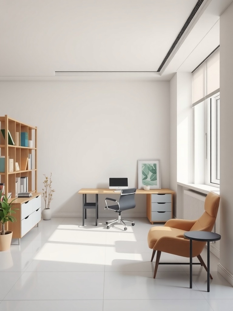 15 Inspiring Home Study Room Designs You'll Fall In Love With 12 A contemporary study room featuring a wooden desk, ergonomic chair, bookshelf, and a potted plant, all in neutral tones.