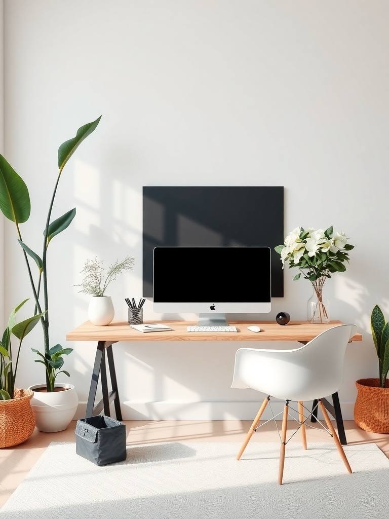 A minimalistic home office with a wooden desk, computer, and plants.
