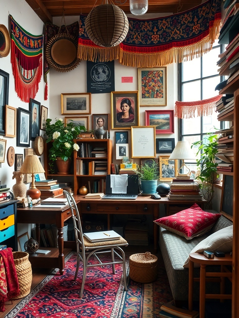 15 Inspiring Home Study Room Designs You'll Fall In Love With 11 A cozy eclectic bohemian study room with colorful decor, framed art, a wooden desk, and a comfortable sofa.