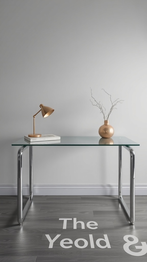 19 Inspiring Home Office Desk Ideas to Elevate Your Workspace 36 A modern glass top desk with chrome legs, a lamp, and a decorative vase.