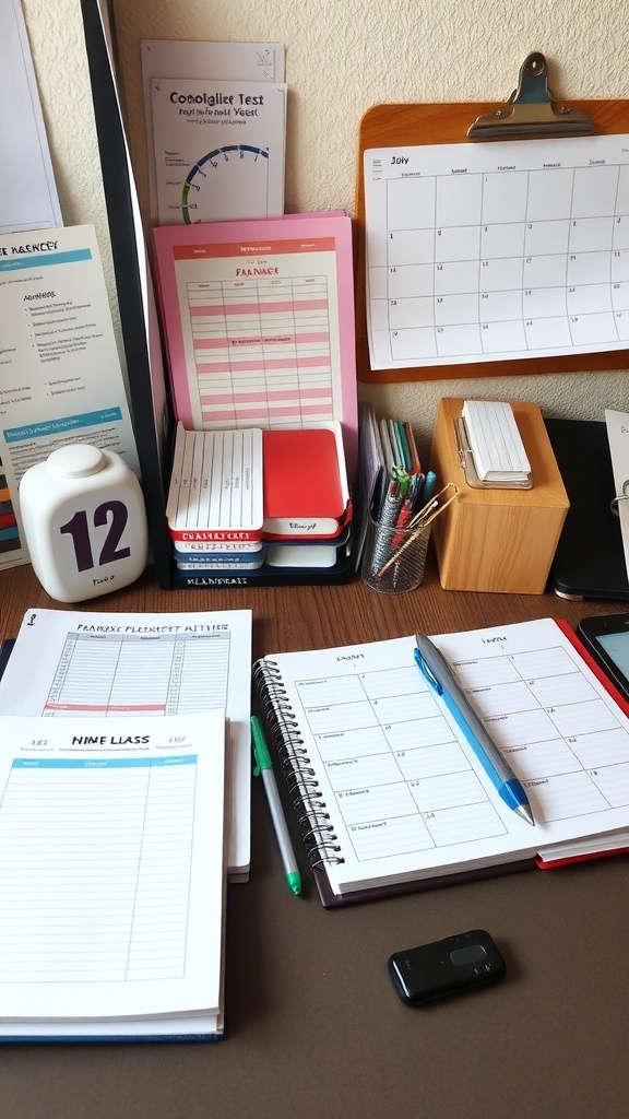 A well-organized desk with planners, notebooks, and a calendar for effective time management.