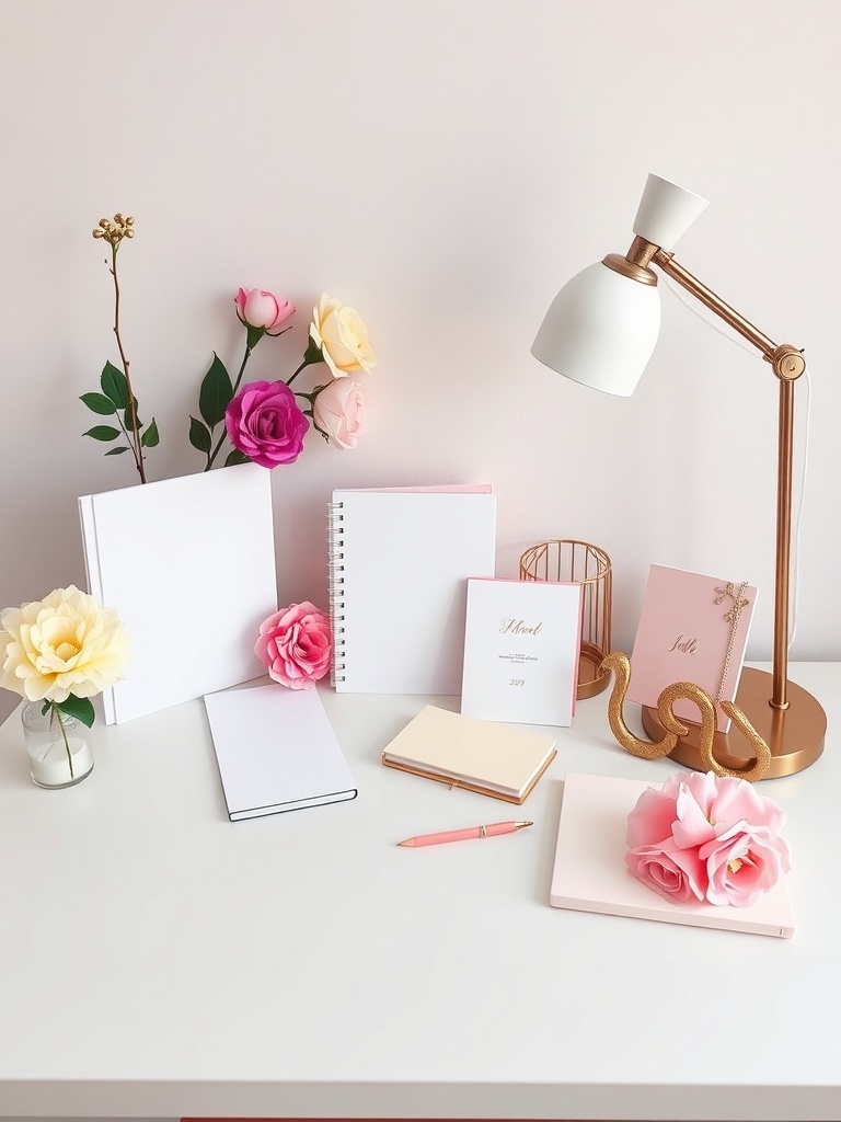 20 Classy Feminine Home Office Ideas for a Stylish Workspace 21 A feminine home office desk arrangement with notebooks, flowers, and a lamp.