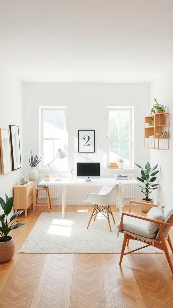 15 Inspiring Home Offices You'll Absolutely Adore 5 A minimalist Scandinavian workspace featuring a white desk, computer, and plants, with natural light streaming in from large windows.