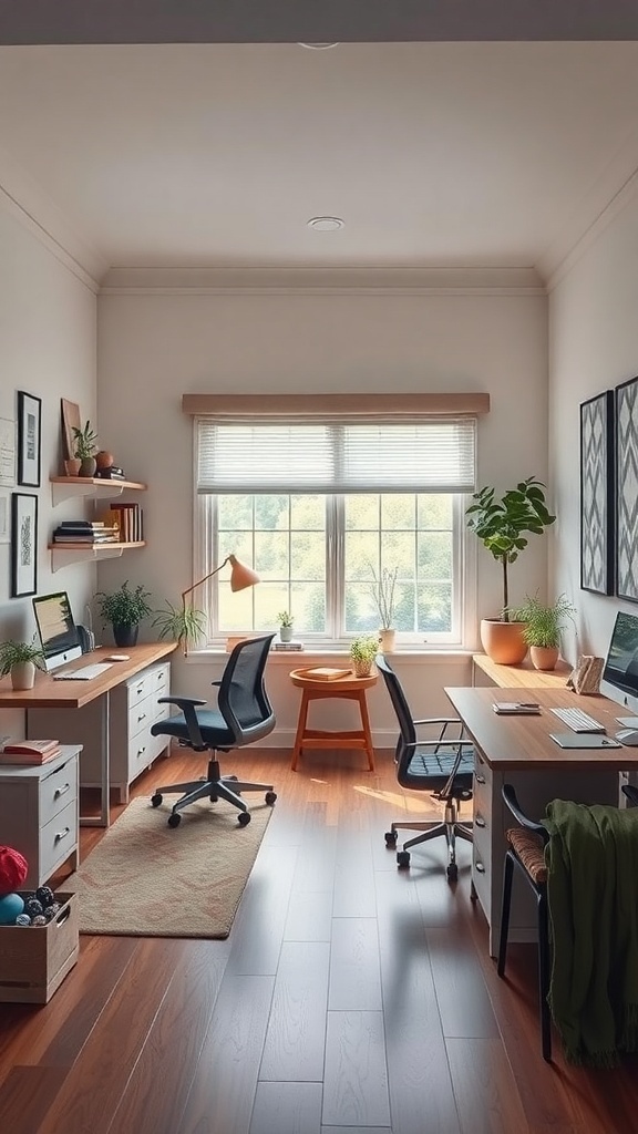 15 Home Office Inspiration to Transform Your Workspace 11 A bright and functional family office space with two desks, plants, and a central table.