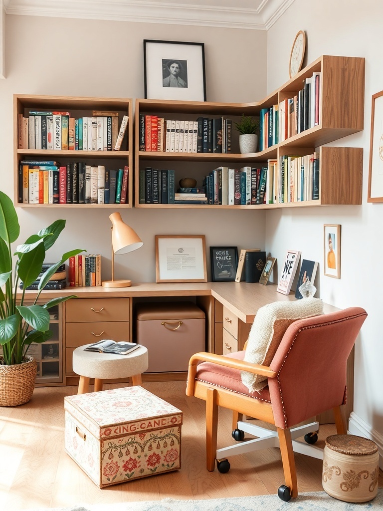 20 Classy Feminine Home Office Ideas for a Stylish Workspace 23 A stylish feminine home office featuring wooden shelves filled with books, a desk with drawers, a cozy chair, and decorative storage.