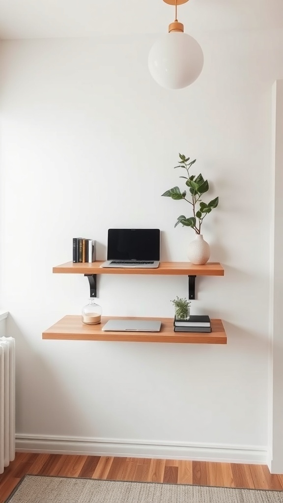 19 Inspiring Home Office Desk Ideas to Elevate Your Workspace 20 A minimalist floating desk setup with two wooden shelves, a laptop, books, and a plant.
