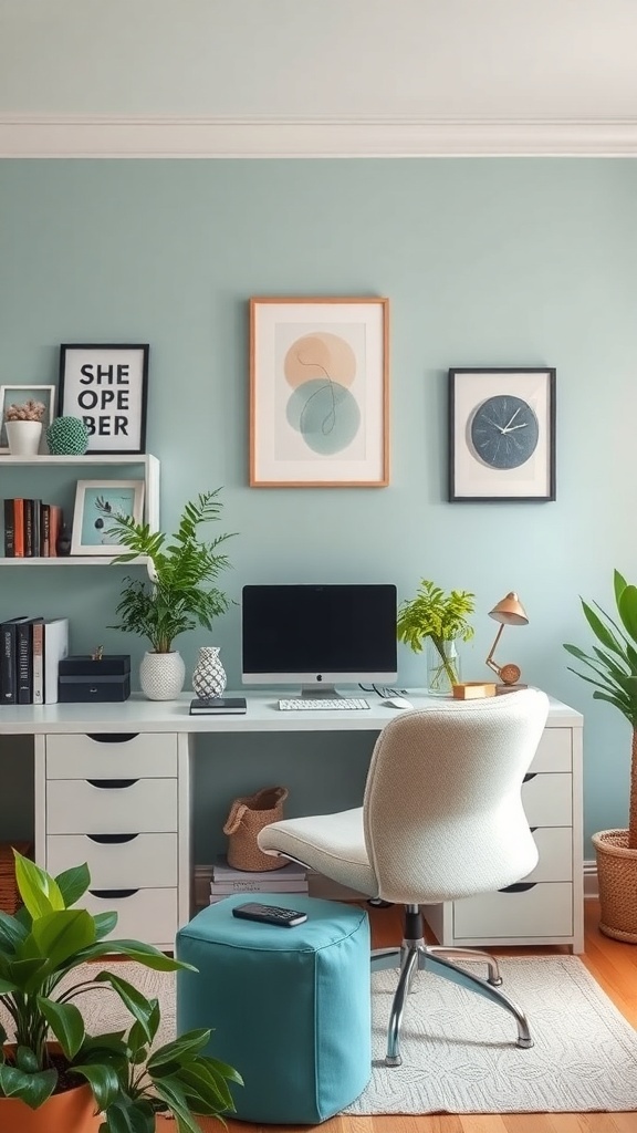 A stylish home office with soft blue walls, a white desk, and green plants, creating a calm and inviting workspace.