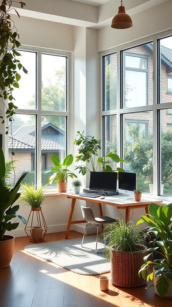 A bright home office with large windows, a wooden desk, and various indoor plants.