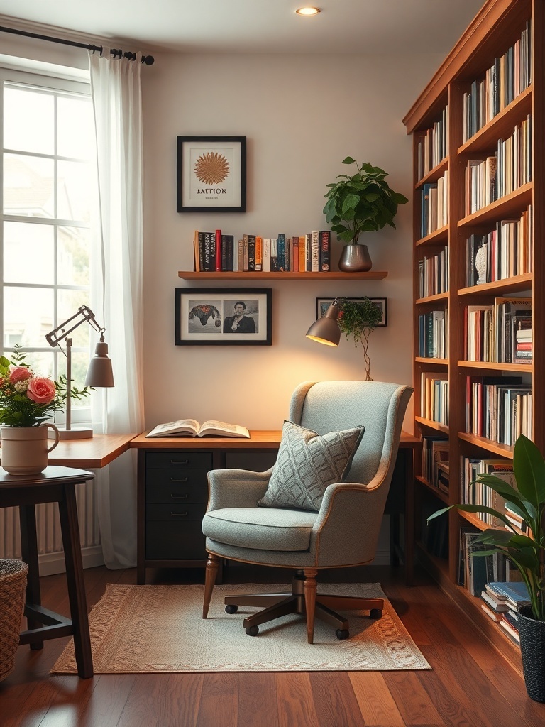 A cozy reading corner office featuring a comfortable chair, bookshelves, and natural light.