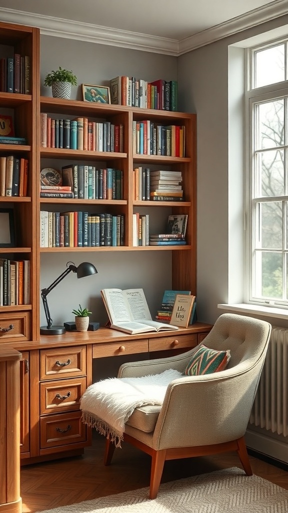 15 Home Office Inspiration to Transform Your Workspace 8 A cozy reading nook featuring a wooden desk, bookshelves filled with books, a comfortable armchair, and a small plant.