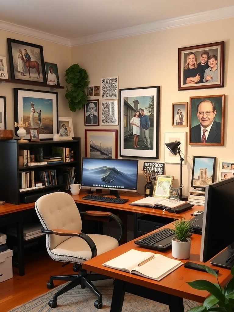 A home office with a mix of artwork and family photos on the walls, featuring a desk with computers and a cozy chair.