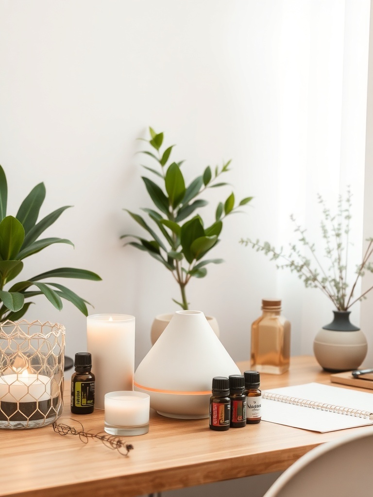 20 Classy Feminine Home Office Ideas for a Stylish Workspace 37 A calming home office setup featuring a diffuser, candles, essential oils, and plants on a wooden desk.