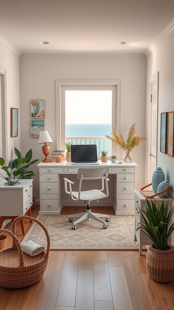 A bright and airy home office with a coastal theme, featuring a desk, plants, and ocean view.