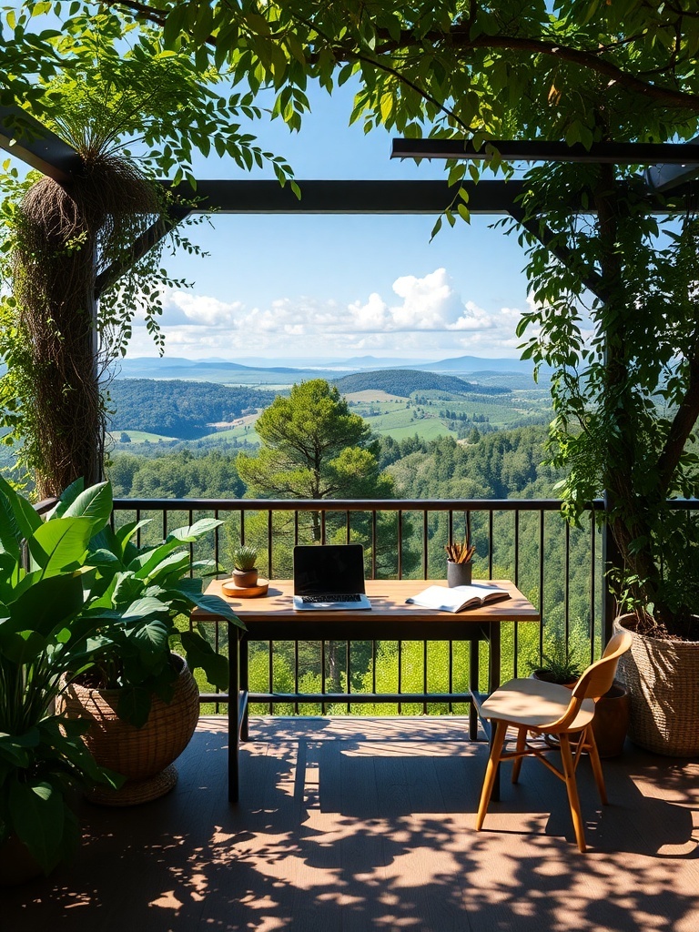 15 Inspiring Home Study Room Designs You'll Fall In Love With 15 An outdoor study space featuring a wooden desk with a laptop and plants, overlooking scenic nature views.