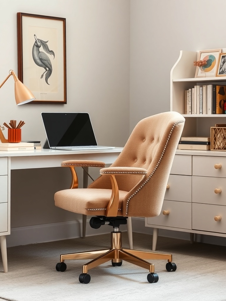 20 Classy Feminine Home Office Ideas for a Stylish Workspace 29 Stylish beige office chair with gold accents in a modern home office setting