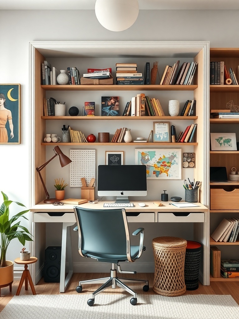 20 Classy Feminine Home Office Ideas for a Stylish Workspace 38 A stylish home office with a desk, computer, bookshelves, and decorative items.