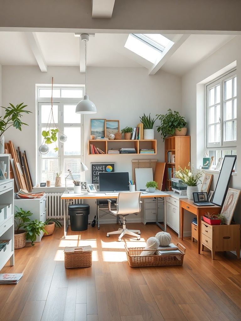 A bright and airy creative studio with large windows, a skylight, plants, and organized workspace.