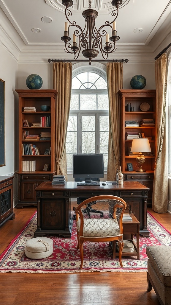 21 Inspiring Home Office Setup Ideas that You'll Love 21 A traditional home office featuring wooden furniture, a modern computer setup, and elegant decor.