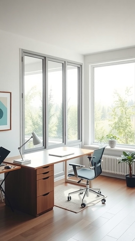 21 Inspiring Home Office Setup Ideas that You'll Love 1 A minimalist home office with large windows, a simple desk, and a comfortable chair, filled with natural light.