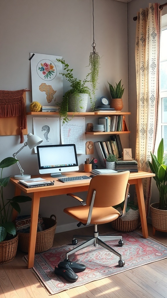 19 Inspiring Home Office Desk Ideas to Elevate Your Workspace 35 Bohemian styled desk area with wooden desk, plants, and colorful wall art