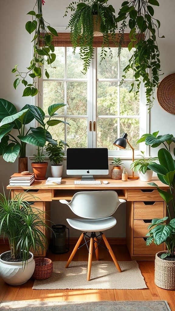19 Inspiring Home Office Desk Ideas to Elevate Your Workspace 27 A nature-inspired home office desk with plants and a computer