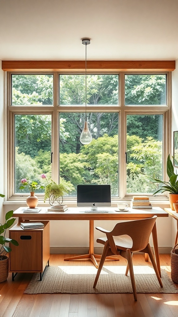 15 Inspiring Home Offices You'll Absolutely Adore 11 A bright and inviting home office with large windows overlooking greenery, featuring a wooden desk, computer, and plants.