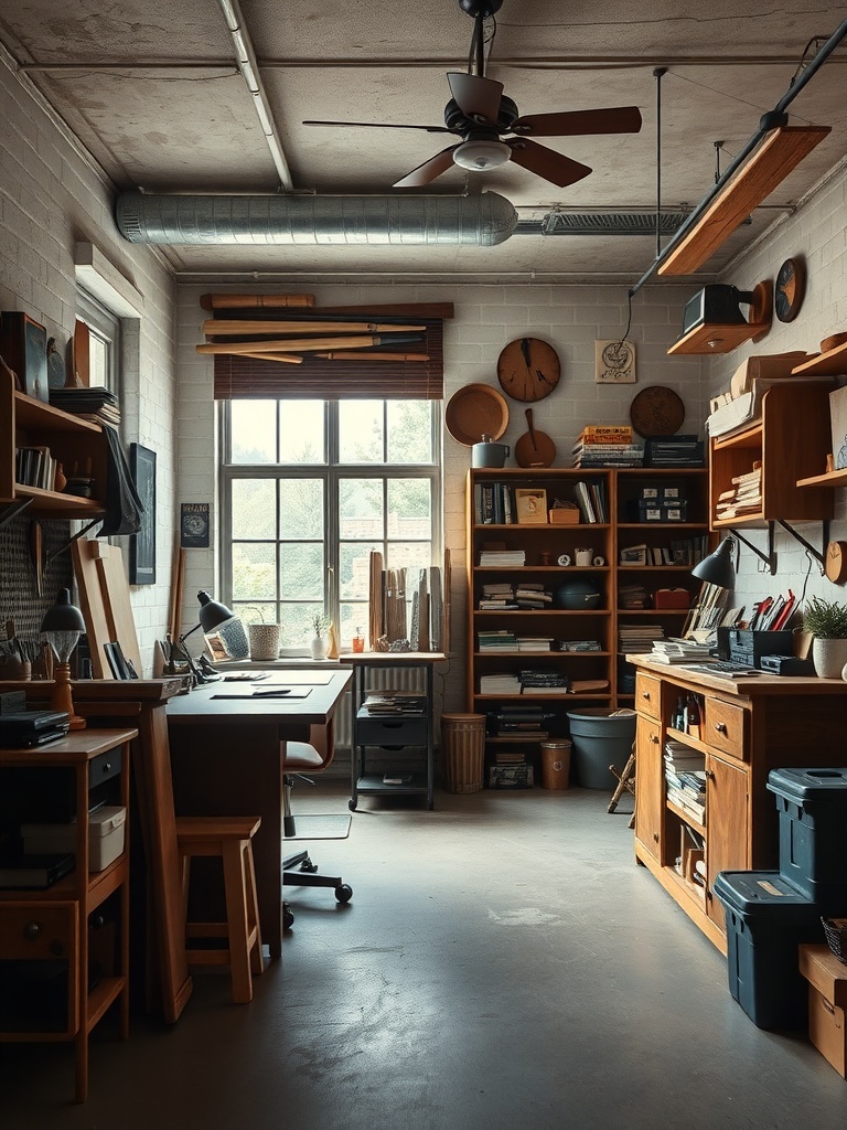 A cozy artisan workshop with wooden furniture, tools, and natural light.