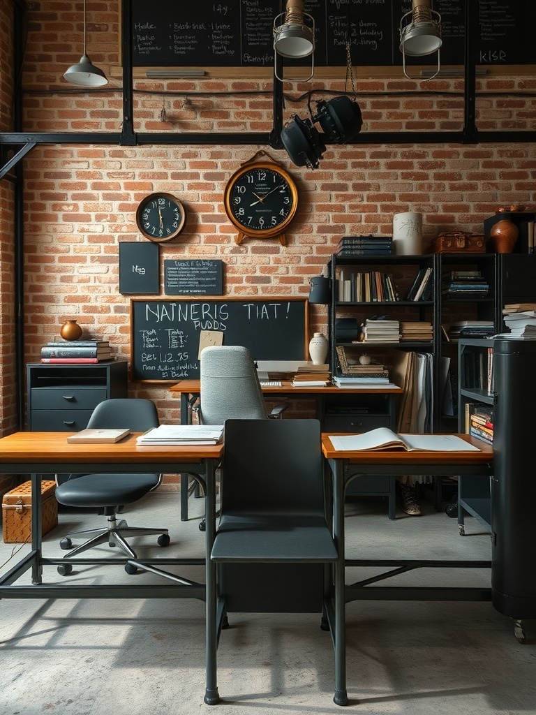 15 Inspiring Home Study Room Designs You'll Fall In Love With 2 An industrial chic workspace featuring metal accents, exposed brick walls, wooden desks, and stylish lighting.