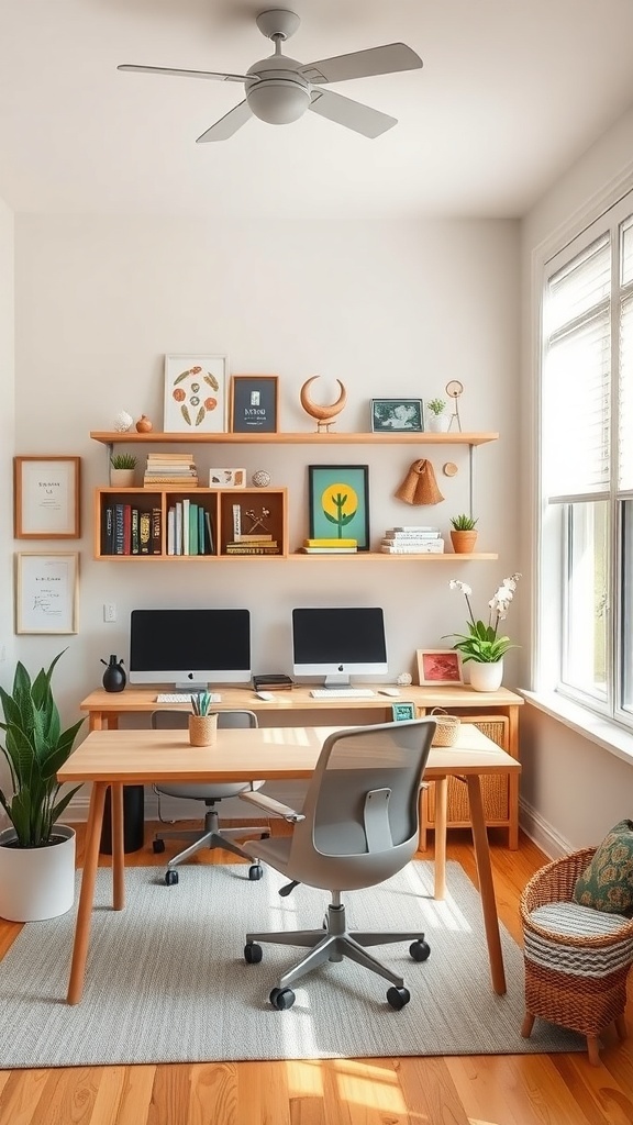 A bright home office with two desks, plants, and decorative shelves, creating a family-friendly workspace.