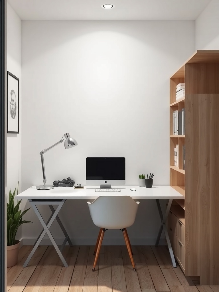 19 Inspiring Small Home Office Ideas 35 A modern foldable desk in a small home office with a computer, lamp, and potted plant.