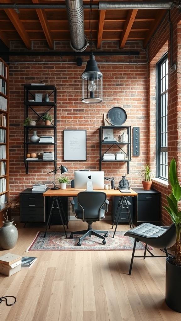 21 Inspiring Home Office Setup Ideas that You'll Love 6 An industrial style home office featuring exposed brick walls, wooden desk, black shelving, and plants.