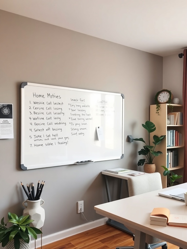 19 Inspiring Small Home Office Ideas 37 A home office featuring a whiteboard with notes, a desk, and a plant.