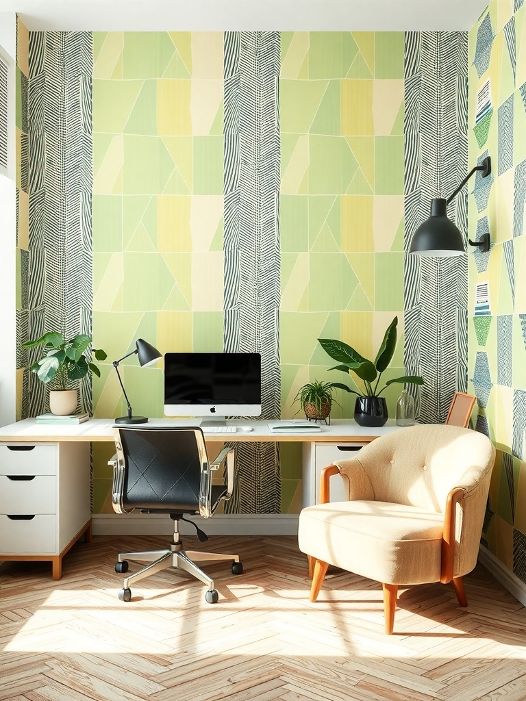 A modern home office with bold geometric wallpaper in green and yellow, featuring a desk, chair, and plants.