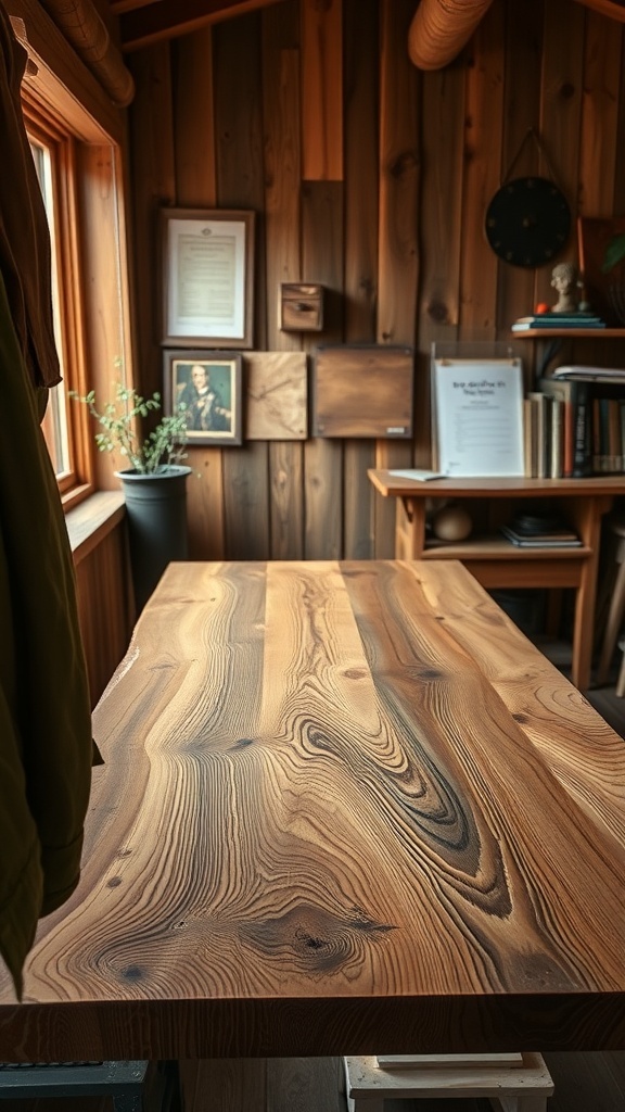 19 Inspiring Home Office Desk Ideas to Elevate Your Workspace 34 Artisan crafted wooden desk with natural grain and a cozy office setting