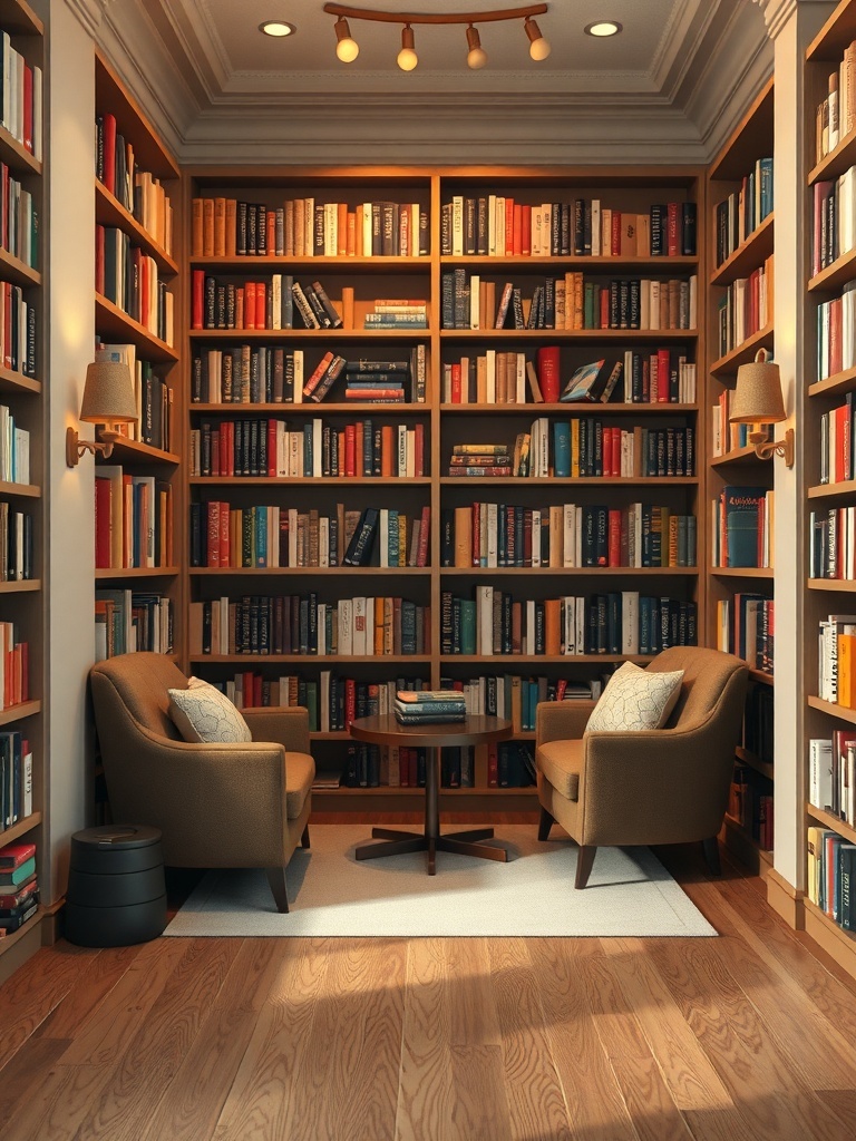15 Inspiring Home Study Room Designs You'll Fall In Love With 1 A cozy reading nook with bookshelves, two chairs, and a small table.