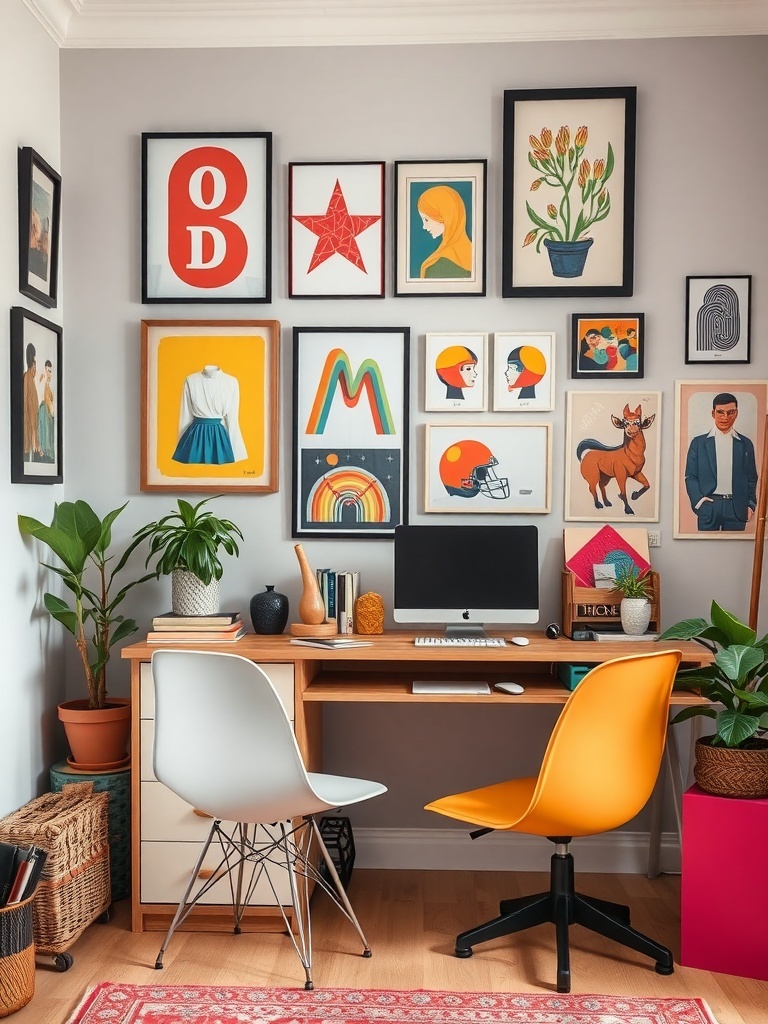 A stylish home office corner with a desk, colorful art displays on the wall, and plants.
