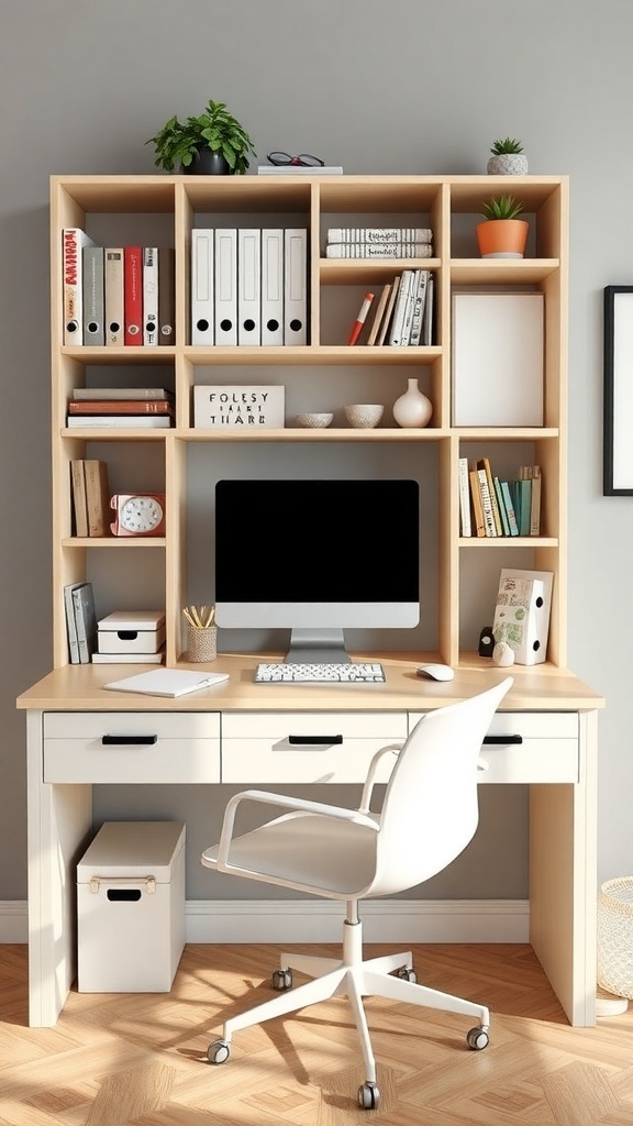 19 Inspiring Home Office Desk Ideas to Elevate Your Workspace 29 A modern home office desk with storage, featuring a computer, books, and decorative items.