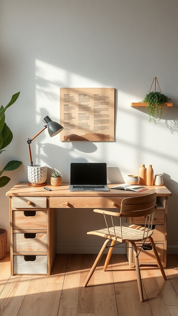 19 Inspiring Home Office Desk Ideas to Elevate Your Workspace 28 A sustainable eco-friendly desk with a laptop, plant, and decorative items in a well-lit room.
