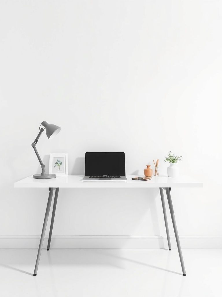 Minimalist desk setup with a laptop, lamp, and decorative items.