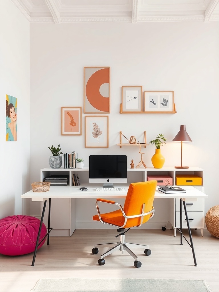 20 Classy Feminine Home Office Ideas for a Stylish Workspace 36 A stylish home office featuring a white desk, colorful accents, and wall art.