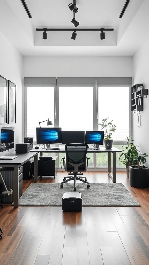 A modern home office with dual monitors, an ergonomic chair, and natural light.