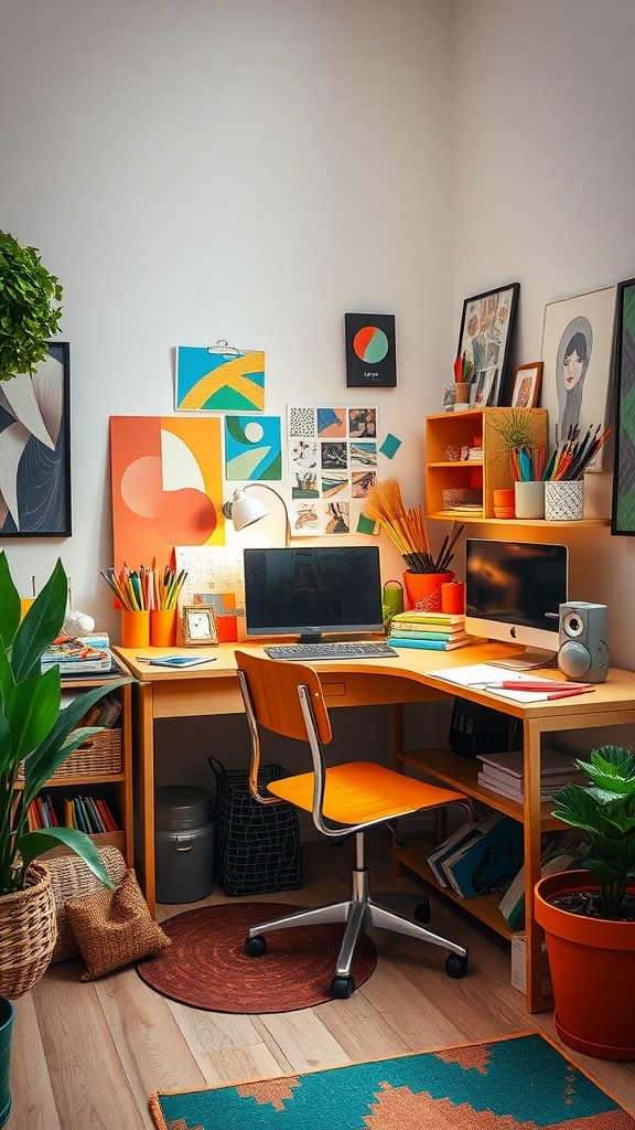 21 Inspiring Home Office Setup Ideas that You'll Love 8 A cozy home office corner with a desk, art supplies, plants, and colorful wall art.