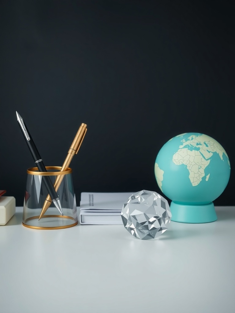 20 Classy Feminine Home Office Ideas for a Stylish Workspace 32 Artistic desk accessories including a pen holder, globe, and decorative crystal on a white desk.