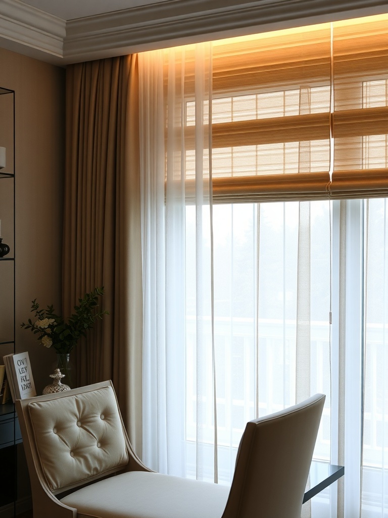 20 Classy Feminine Home Office Ideas for a Stylish Workspace 40 A cozy home office window with soft curtains and sleek blinds, creating a warm and inviting atmosphere.