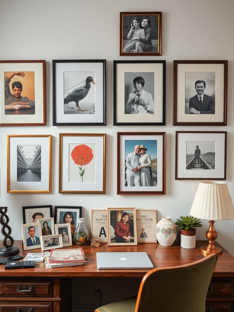 19 Inspiring Small Home Office Ideas 23 A cozy home office with a gallery wall of framed photos and art, a wooden desk with personal items, and a lamp.