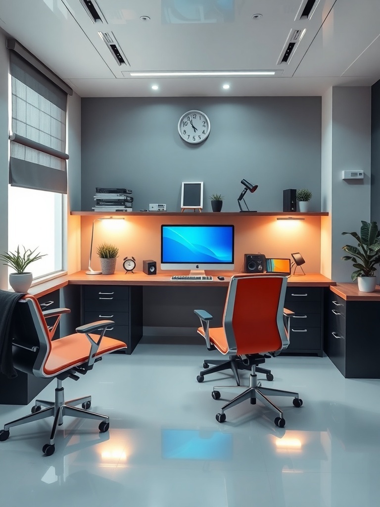 15 Inspiring Home Study Room Designs You'll Fall In Love With 7 A modern study room with a computer desk, two ergonomic chairs, and plants.