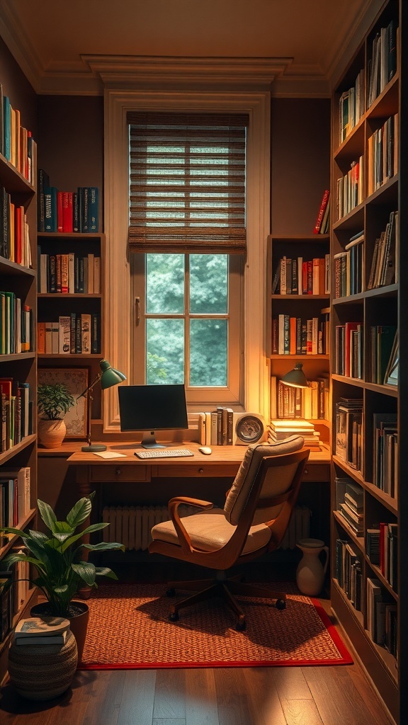 21 Inspiring Home Office Setup Ideas that You'll Love 2 Cozy reading nook office with bookshelves, a desk, and warm lighting