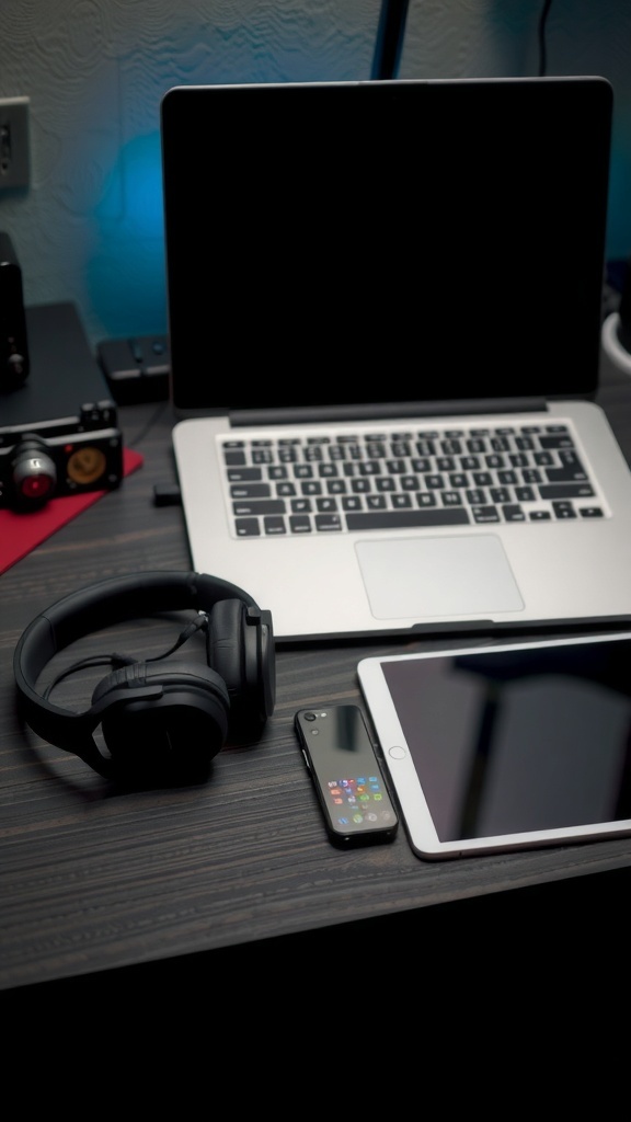 A modern work from home setup featuring a laptop, tablet, smartphone, and headphones on a desk.