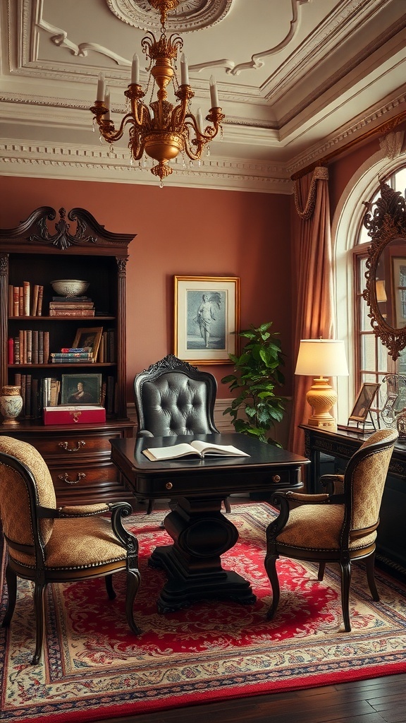 A vintage glamour office featuring a black desk, plush chairs, a chandelier, and bookshelves.